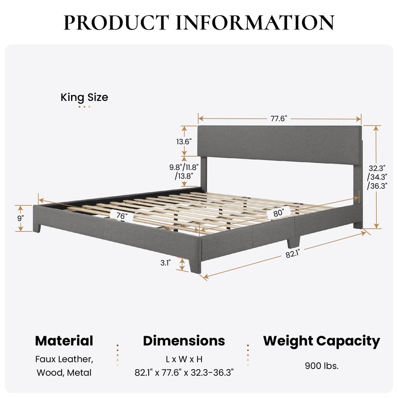 SHA CERLIN Dark Grey King Platform Upholstered Bed Frame with