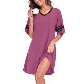 YVH Women's Nightdresses Nightshirt V Neck Nightwear Casual Nighties Sleepwear Short Sleeve Nightgown Night Dress Loungewear Pajama, Mauve, XL