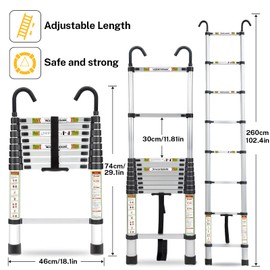 Telescopic Ladder, 8.5FT RIKADE Aluminum Telescoping Ladder with Non-Slip Feet and Stable Hook, Portable Extension Ladder for Household and Outdoor Working, 330lb Capacity