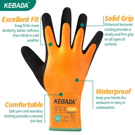 Kebada T1 3 Pairs Waterproof Winter Work Gloves for Men and Women, Warm Work Gloves for Cold Weather, Thermal Insulated Freezer Gloves, 100% Latex Coating & Super Grip, Unisex, Medium