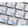DVORAK STICKY LABELS for KEYBOARD with BLUE LETTERING TRANSPARENT BACKGROUND