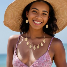 Flyonce Leaf Necklace Earrings Set Women, Vintage Style Floral Choker Hook Earings Statement Jewelry Gold-Tone