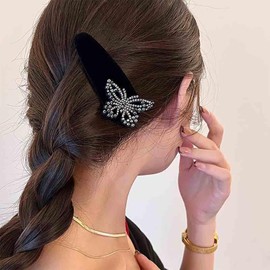 Jugielu Rhinestone Butterfly Hair Clip Black Butterfly Pins Clips Barrette Butterfly Wing Hair Barrettes Velvet Snap Hair Clips Crystal Butterfly Side Clip Barrette Decorative Hair Accessories
