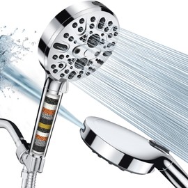 Cobbe Handheld Shower Head with Filter, High Pressure 9 Spray Mode Showerhead Built-in Power Wash with Hose, Bracket and Water Softener for Hard Water Remove Chlorine and Harmful Substance, Chrome