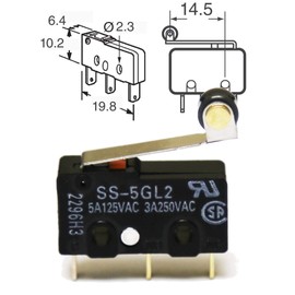 Switch Snap Action SS-5GL2 (Pack of 2) N.O./N.C. Single Pole, Double Throw Hinge Roller Lever Solder 5A 250VAC 14 Volt 0