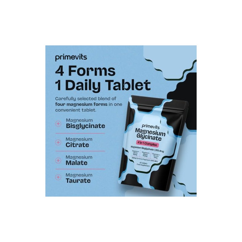Magnesium Glycinate 4-in-1 Complex | 200mg Elemental Magnesium | Bisglycinate,
