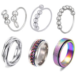 ARROMI 6PCS Fidget Rings, Fidget Ring, Fidget Rings for Women, Fidget Rings for Anxiety Women, Fidget Rings for Anxiety, Spinning Ring, Spinner Rings for Anxiety Relief Stainless Steel Rings