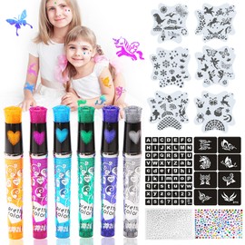 Children's Tattoo Pens, Pack of 6 Glitter Tattoo Pens for the Skin Set, Glitter Tattoo Set Children with Stencils and Face Gemstone, for Boys and Girls Party Fancy Dress, School Cone Filling