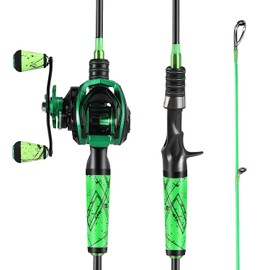 One Bass Fishing Rod and Reel Combo, Baitcasting Combo with SuperPolymer Handle- Green- 1.8M -Left Handed