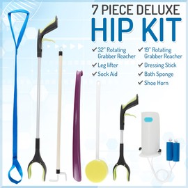 7 Piece Deluxe Hip Kit - Deluxe Hip/Knee Replacement Kit Tool - Leg Lifter, Sock aid, 2 Rotating Grabber Reacher, Dressing Stick, Shoe Horn, Bath Sponge - Surgery Recovery