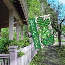 GEEORY St Patricks Day House Flag 28 x 40 Inch, Shamrocks Eucalyptus Hearts Welcome Double Sided Decorative Flag for Outside Yard Lawn Decoration GB009-40