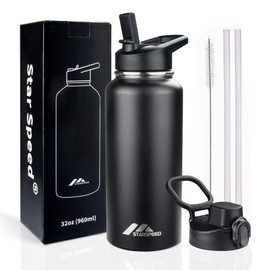 StarSpeed Insulated Water Bottle 32 oz, Stainless Steel Water Flask Double Walled Vacuum Water Jug, 32 oz Wide Mouth Sports Thermo Mug with Straw Spout Lids for Hot & Cold Liquid