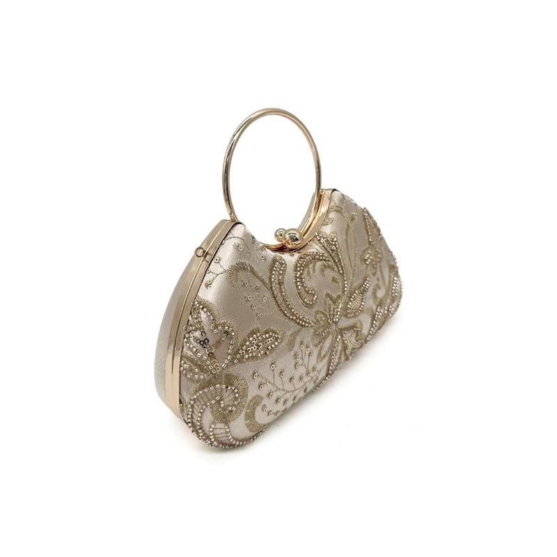 Kitise Women Sparkling Rhinestone Studded Floral Embroidered Round Handle Evening