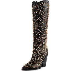 iiimmu Knee High Boots Women Black Pointed Toe and Chunky Heel Boots for Women Luxurious Studded Boots Tall Boots with Gold Metal Rivets, Size US 10
