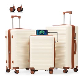 luggage sets 3 Piece with Spinner Wheel,100% PC Material Lightweight Durable,Expandable Carry On Travel Hardside Suitcase sets with TSA Lock for Men and Women (White+brown)