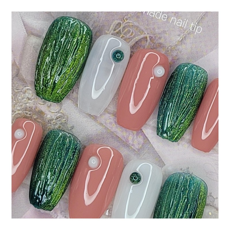 Green Tea Latte Handmade Nail Tips - Oval M /