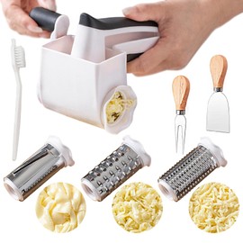 Cheese grater with handle, rotary cheese grater with 3 stainless steel Drums and 2 cheese tools and cleaning brush, ergonomically designed, can be used to grate Parmesan cheese, chocolate, nuts, etc