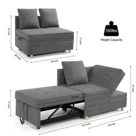 SEJOV Sofa Bed, 4-in-1 Convertible Sleeper Sofa Couches, 3-Seat Pull Out Sofa Bed, Loveseat Sofa with Linen Fabric, Single Recliner with 5 Adjustable Backrests & 2 Pillows for Small Space, Dark Grey