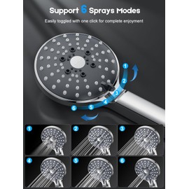 YEAUPE PRO Shower Head, Hand Shower, Shower Head with 6 Jet Types, Pressure-Increasing Shower Head with Hose 1.6 m, Round Shower Head with Anti-Limescale Function, Chrome