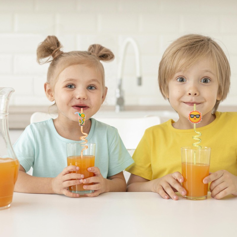 Laveroar Plastic Straws, 4 Pcs Curly Straws, Summer Sunshine Beach