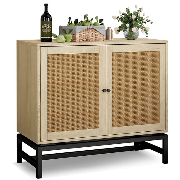 DKLGG Rattan Kitchen Buffet Cabinet, 2 Door Sideboards and Buffets with Storage, Console End Table Coffee Bar Cabinet with Finished Legs, Accent Storage Cabinet, L 31.49" x W 15.59" x H31.49, Natural
