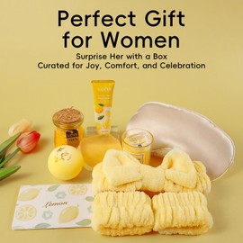 QUIYUM Beauty Set für Damen, 8 teiliges Bade Geschenkset mit Zitronenduft und Grußkarte, ideales Geburtstags oder Muttertagsgeschenk