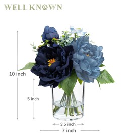 WELL KNOWN Artificial Flowers in Glass Vase with Fake Water, Silk Peony Flower Bouquet for Home Dinning Tea Table, Office Desktop, Hotel, Wedding, Party, Lavatory Decor & Gift (Navy Blue & Light Blue)