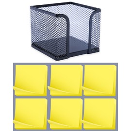 Memo Holder, Steel Mesh Sticky Notes Dispenser - with 12 Pads Adhesive Sticky Notes, Yellow - 3x3 Inch - Total of 1200 Sheets - Value Set