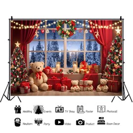 Ttincceer 2.2 x 1.5 m Christmas Photo Backdrop Winter Forest Snow Luxury Christmas Tree Photography Background Red Curtain Pine Wreath New Year Family Party Backdrops Adult Portrait Photo Prop