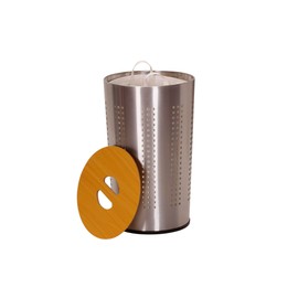 Household Essentials 7081-1 Round Metal Laundry Hamper - Removable Liner Bag and Wood Lid - Stainless Steel