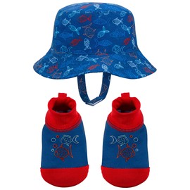 PEAK 2 PEAK Kids Boys and Girls, Baby Swim Fish Hat and Booties Blue Set, Sun Protection UPF 50+ - Age 0-12 Months