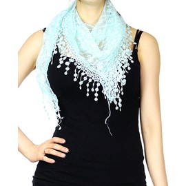 NYFASHION101 Floral Embroidered Metallic Thread Lace Triangle Scarf Shawl, Mint