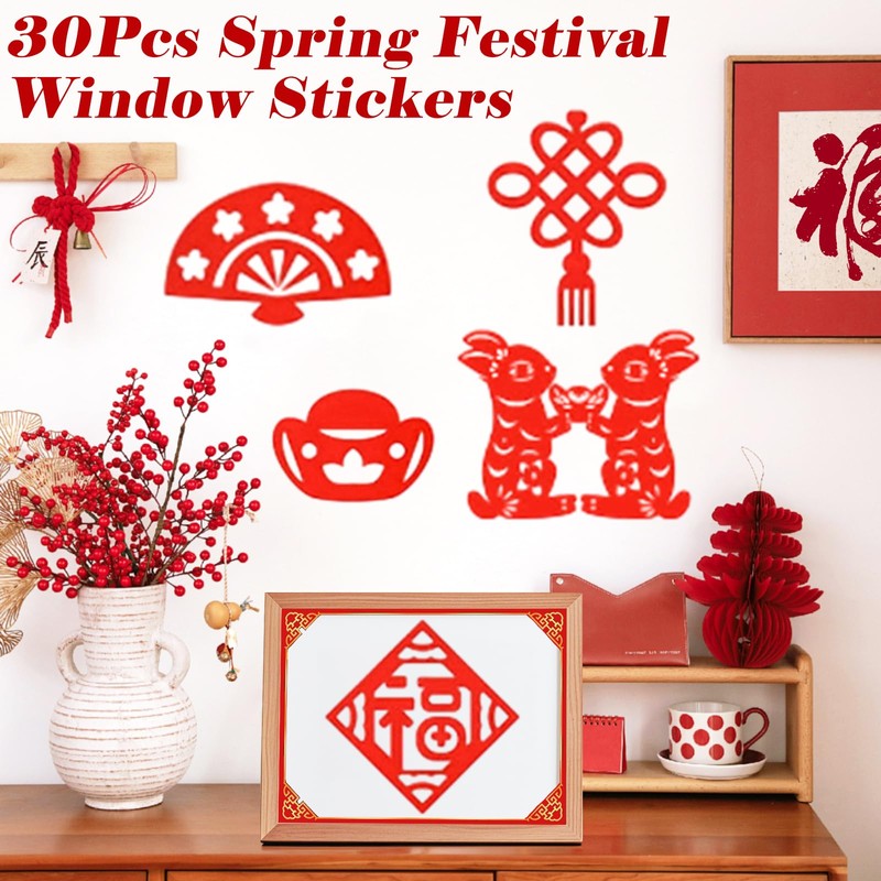 15 Styles 30Pcs Chinese New Year Window Stickers, Lunar New