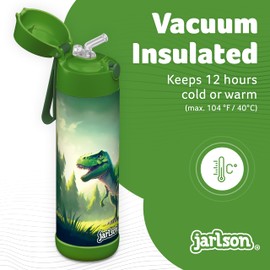 JARLSON CHARLI 18 oz Dinsaur Green Stainless Steel Water Bottle | kids water bottle, with straw, insulated, thermos, girls/boys