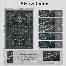 Jainmy Vintage Black Washable Area Rugs 5x7 for Living Room, Distressed Medallion Printed Rugs for Bedroom, Non Slip Washable Low Pile Thin Carpet Rugs for Dining Room/Kitchen/Foyer/Home Office