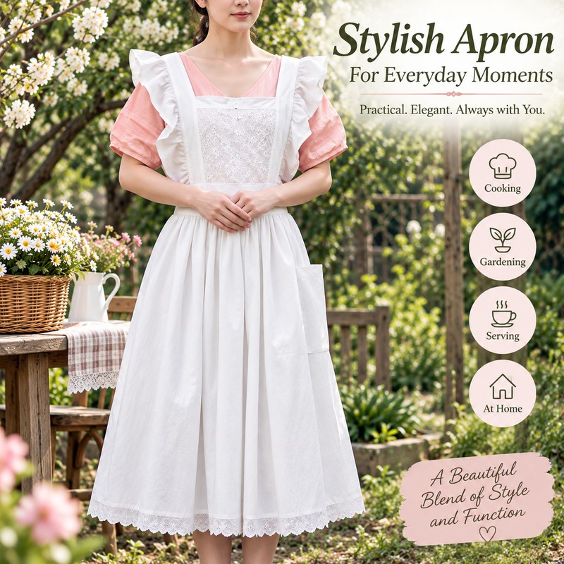 Women's Lace Bib Apron for Cooking – Ruffled Cotton-Polyester Pinafore
