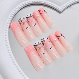 MISUD Press on Nails Long Square Fake Nails Glossy Glue on Nails Pink French Tip Acrylic Nail Supplies Squoval Artificial Nail Art Handmade 3D Flower Stick on False Nails with Design DIY 24 pcs