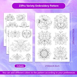 ORIGACH 4 Sheets Large Water Soluble Embroidery Patterns Stabilizers - Pre-Printed Scandinavian Floral Designs - Stick & Stitch Embroidery Paper for Hand Sewing Lovers
