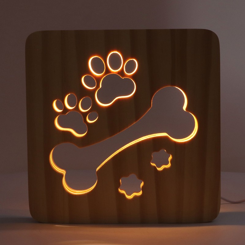 3D Night Lamp Bone Paw Print Pattern Hollow Design Wooden