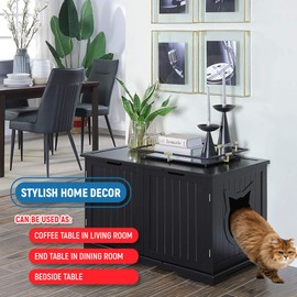 Sweet Barks X-Large Designer Cat Washroom Storage Bench Cat Litter Box Enclosure Furniture Box House with Table (Black)