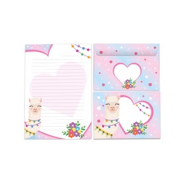 Writing Paper Set A5 Writing Pad Lined with Envelope for Girls Kids School Llama Alpaca Pink Heart (1 Pad of 25 Sheets + 15 Matching Printed Envelopes)