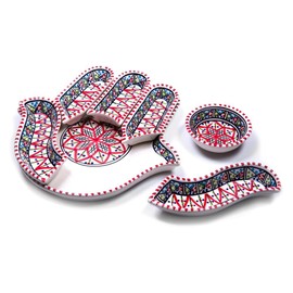 Kamsah Serving Platter, Tray, Dish Set for Entertaining — Hand-Painted Ceramic Hamsa Hand Appetizer Serving Dishes, Plate for Celebrations, Parties and Events for Food, Dip (Large, Bohemian Red)