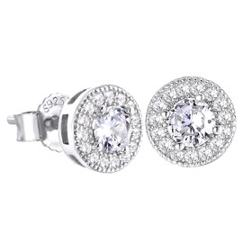 KRKC&CO Unisex Iced Out Stud Earrings 925 Sterling Silver Earrings, 14 K Gold / White Gold Plated, with Cubic Zirconia Stones, Allergy-Free 925 Sterling Silver, Gift for Men & Women, Silver, Silvery 7.5 mm