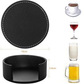 Coolty Set of 6 Coasters PU Leather Drinks Coasters Round Black Mat Coasters with Holder for Indoor and Outdoor Kitchen Protect Your Furniture from Stains