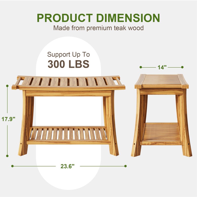 Jekruiet 24" Solid Teak Shower Bench with Towel Bar &