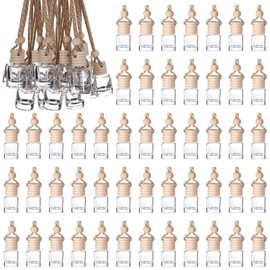 RZJSLSHANHAI 50Pcs Hanging Car Air Freshener Diffuser with Wooden Caps 8ML Empty Clear Car Diffuser Bottles Hanging Glass Essential Diffuser Oil Fragrance Perfume Pendant Glass Vial,Cylindrical