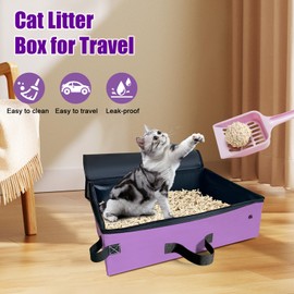 Upgraded Portable Cat Travel Litter Box with Zipped Lid & 10 Liners, Leak-Proof and Foldable Travel Cat Litter Box for Hotels, Car, and Camping, Odor-Free & Waterproof, 20x14x6.5 Inches (Purple)