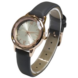 Blekon Collections Japanese Quartz Womens Elegant Cut Crystal Bezel Leather Strap Watch (Grey)
