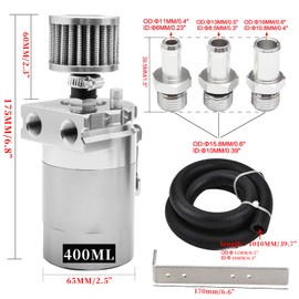 PWR FEVER Upgraded Universal Oil Catch Can Kit Aluminum Reservoir Tank with 3/8" Strengthened NBR Fuel Line Silver 400ml