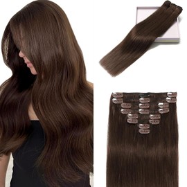 POGINJA Clip in Hair Extensions Real Human Hair, Remy Human Hair Extensions Clip ins for Women, 100% Natural Human Hair, Double Weftm, 16inch 90g 8Pcs, #4 Chocolate Brown